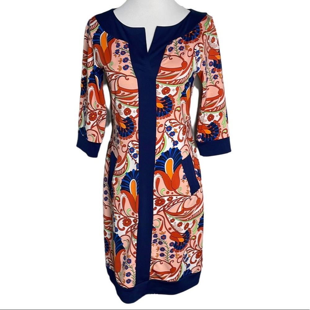 Tracy Negoshian Orange Navy Blue 3/4 Sleeve Polyester Stretch Shift Dress